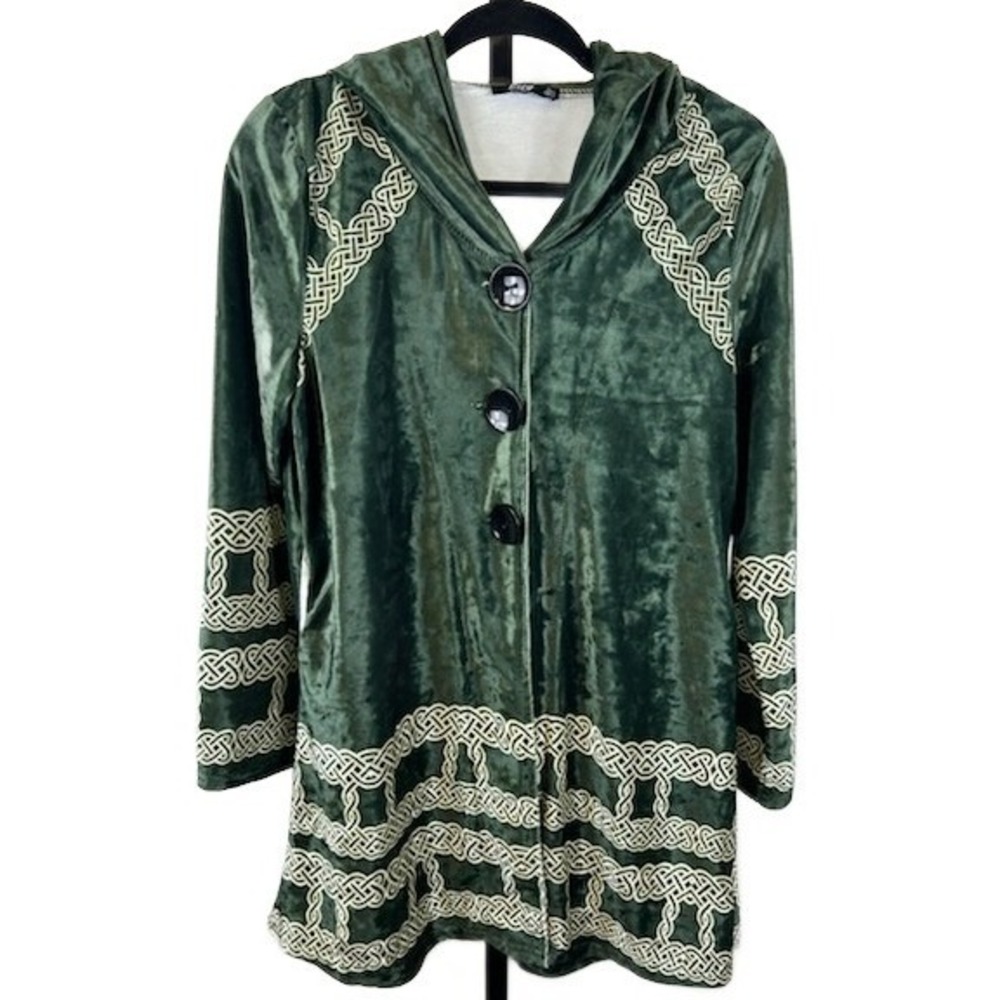 Lily by Firmiana Women's Size Large Green Velvet Hooded Tunic Celtic Knot Top